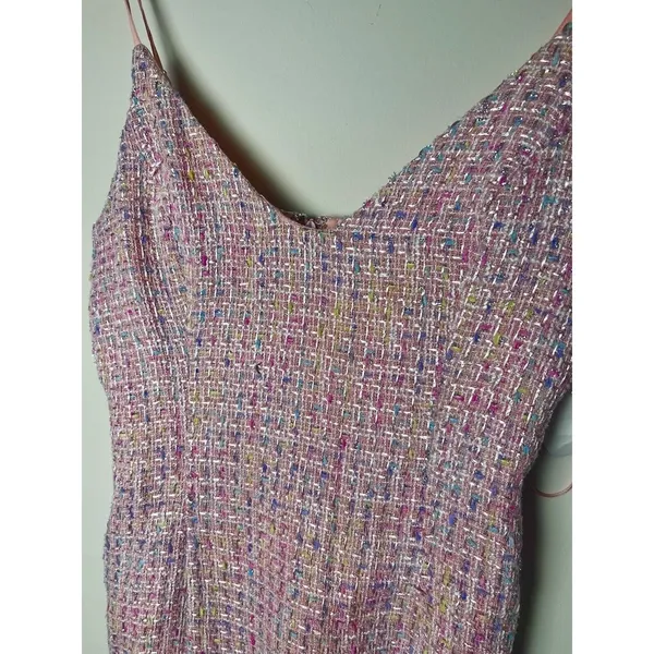 Fanco Pink Tweed Mini Dress Size Small NWT Barbie Preppy Fringe Spaghetti Strap - Image 4