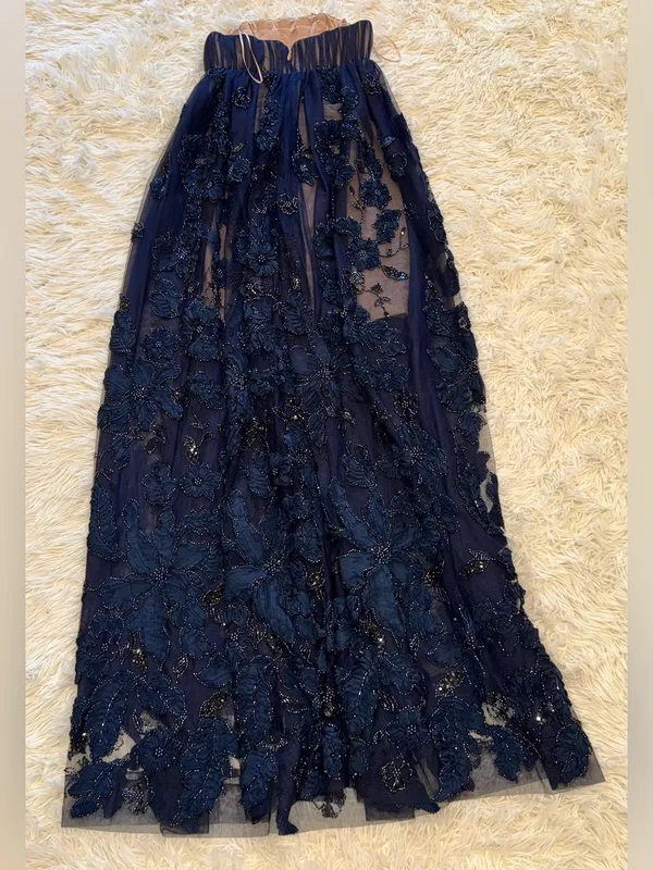 NEW HELSI Beatrice Strapless 3D Embellished Floral Sheer navy Gown sz XS - Image 8