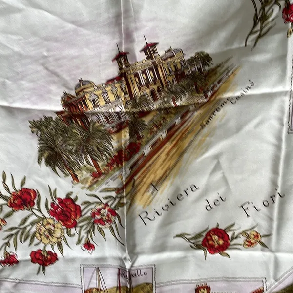 Italian Riviera Inspired Scarf 26x26 Square Cream Green Gold Red Pallet VINTAGE - Image 3