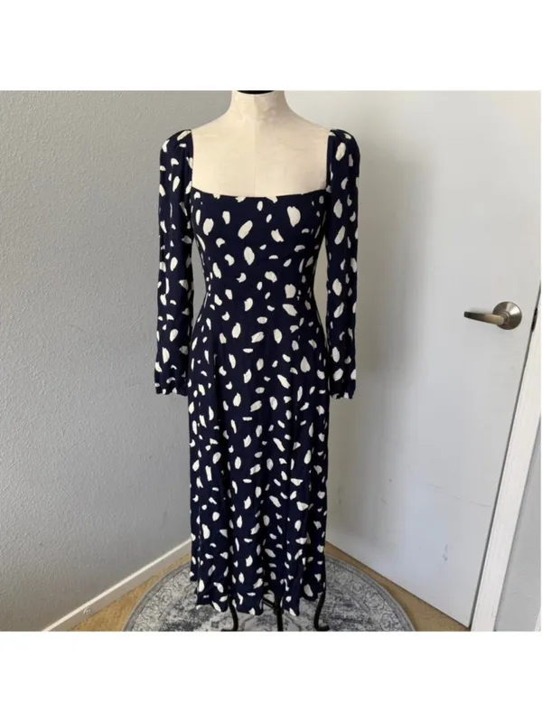 Reformation Sigmund Navy & White Long Sleeve Midi Dress - Size 6 - Image 4