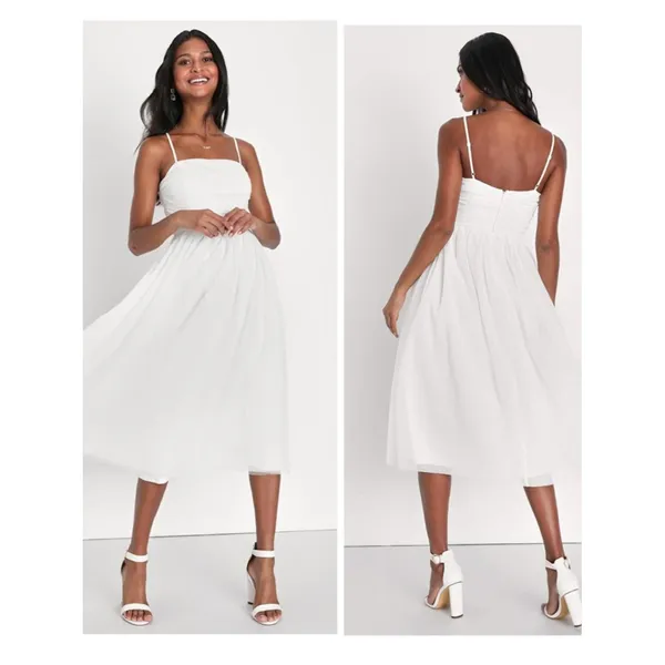 Lulus Darling Sweetheart White Swiss Dot Ruched Midi Dress Size XS bridal Shower - Image 2