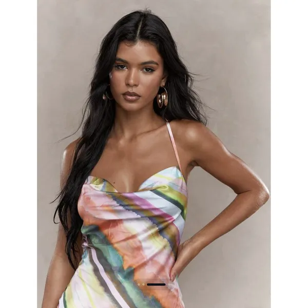 Missguided Rave Printed Satin Cowl Neck Cami Bodycon Mini Dress 2XL Festival‎ - Image 5