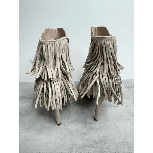 Vince Camuto Booties Size 5 Tan Suede Fringe Stiletto Heels Peep Toe‎ - Image 7