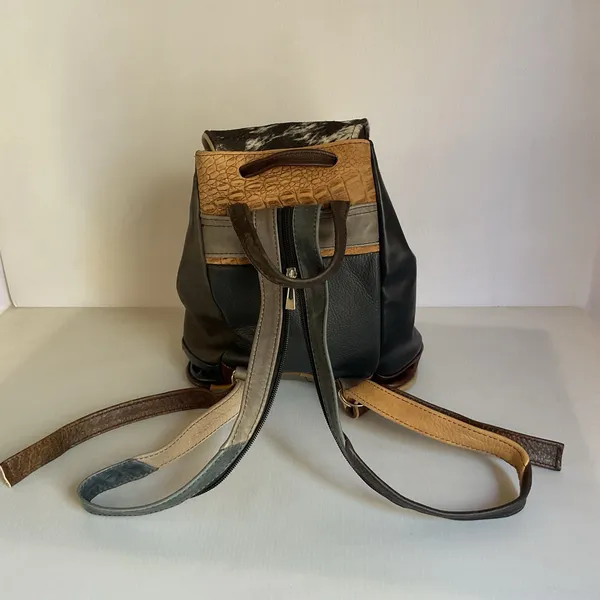 Vintage Mexican Leather Cowhide Hair-On Hide Backpack Patchwork Artisan Mini Bag - Image 2