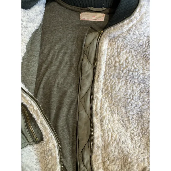 We The Free Jacket Womens Sherpa Bomber Zip Up Size XS Pockets Ivory/Green Lined - Image 8