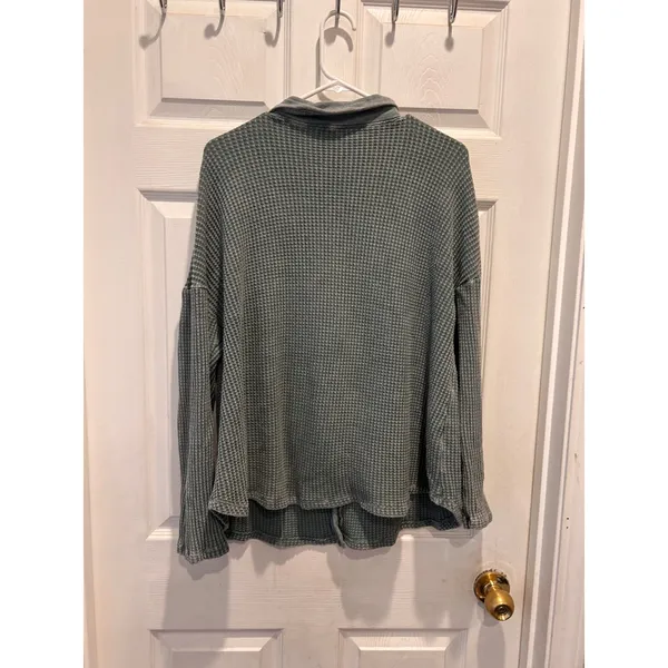 Bucketlist Womens Sage Green Waffle Knit Button Up Shacket Shirt Large‎ Thermal - Image 6