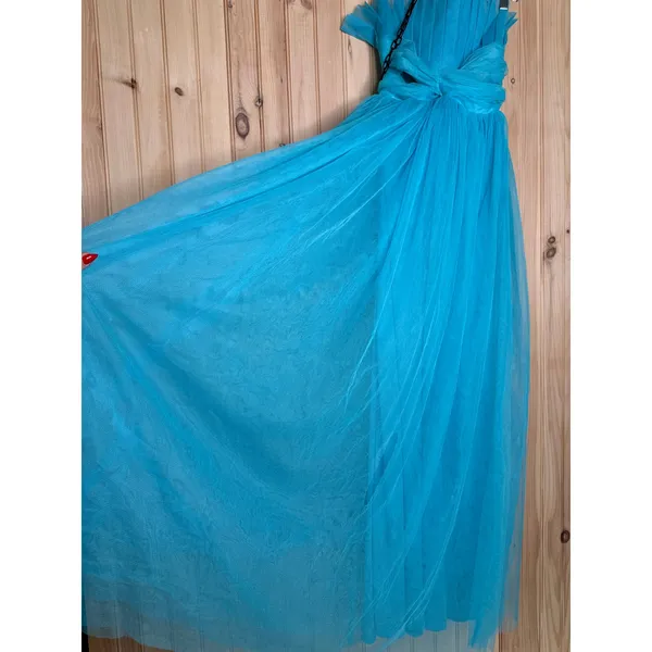 NWOT Lulus Undeniably Iconic Teal Blue Tulle Pleated Strapless Maxi Dress Sz XS - Image 9