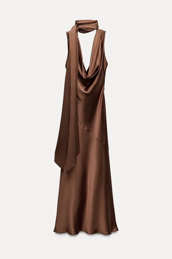 Zara dress gown maxi halter scarf satin plunge neck Brown Evening Wedding - Image 9