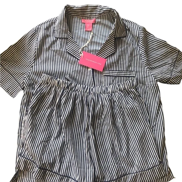 Isaac Mizrahi Navy Pinstripe 2Pc Pajama Set Sz Small Shorts Button Down SS Top - Image 4