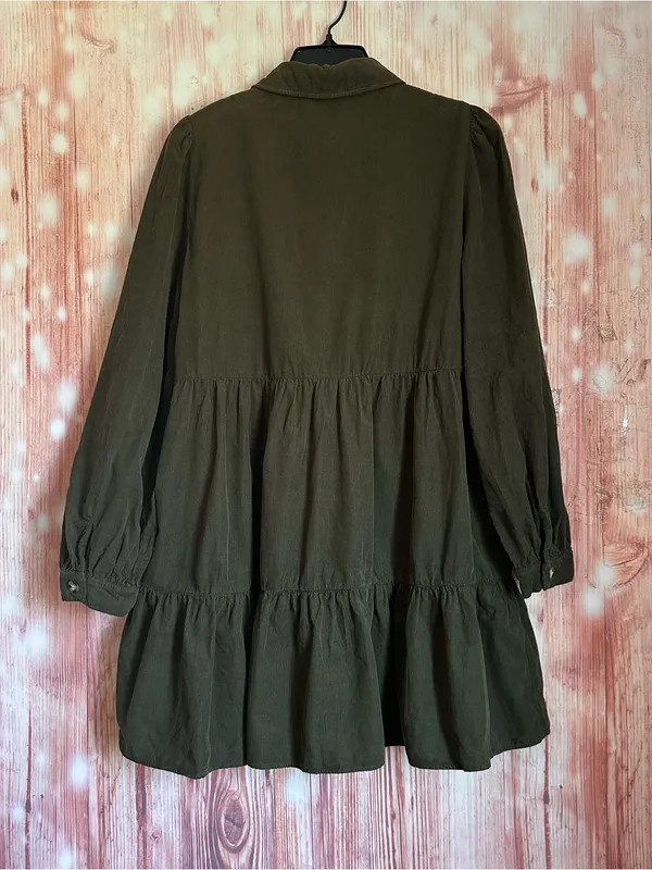 Zara Olive Green Corduroy Long Sleeve Tiered Ruffle Mini Dress Size S - Image 6