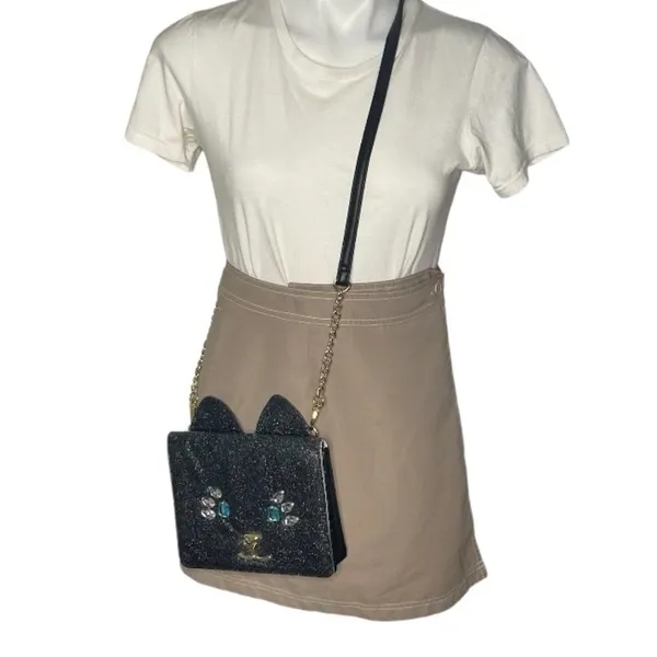 BETSEY JOHNSON Cat Crossbody Bag Glitter Rhinestone Fabric Chain Strap Luv - Image 11