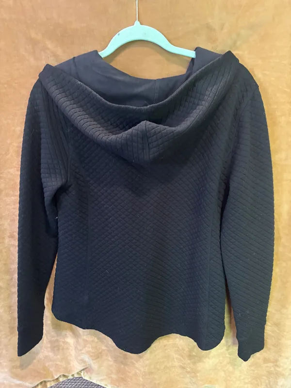 Waffle Knit Aymetrical Full Zip Up Hooded Athletic Jacket Black - Image 3