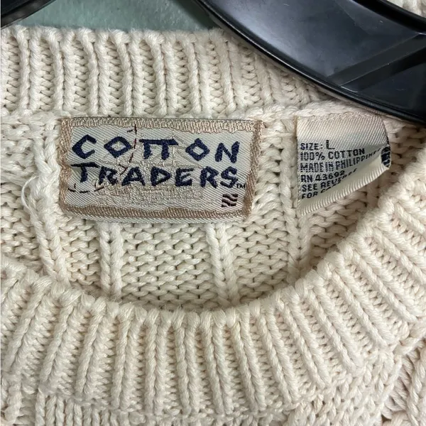 VTG Cotton Traders Women’s Cotton Oversized Cream Cable Knit Crew Sweater Sz L - Image 4
