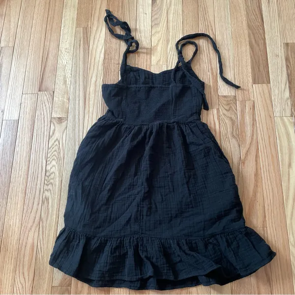 Old Navy Black Mini Dress Small Black Cottagecore Sundress Tie Strap 100% Cotton - Image 7