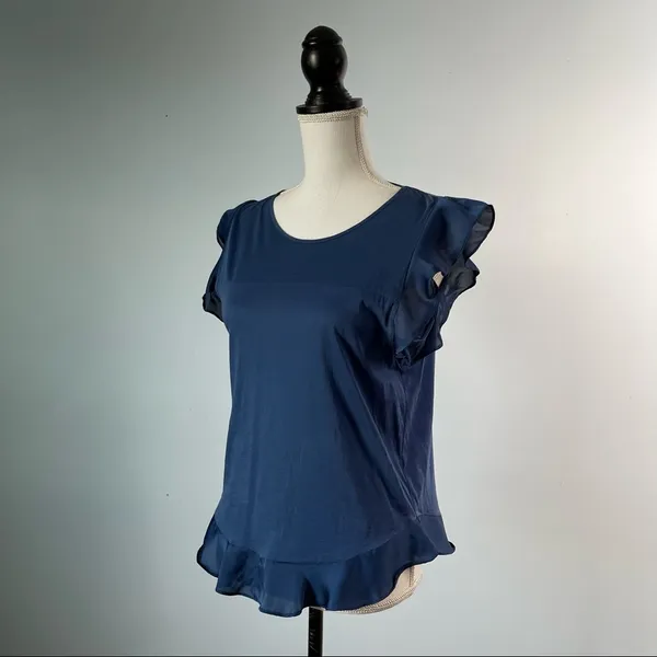 J. CREW | Blue Ruffle Sleeve & Hem T-shirt Sz S - Image 4