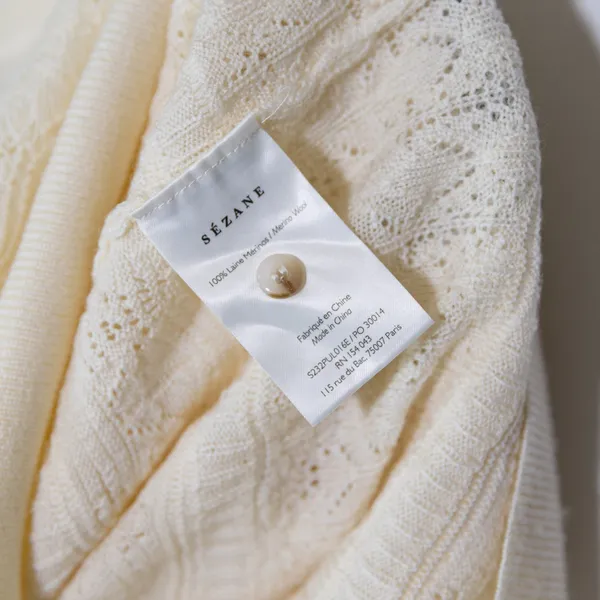 Sezane Lyna Wool Crochet Patterned Knit Henley Button Pullover Sweater Ivory S - Image 3