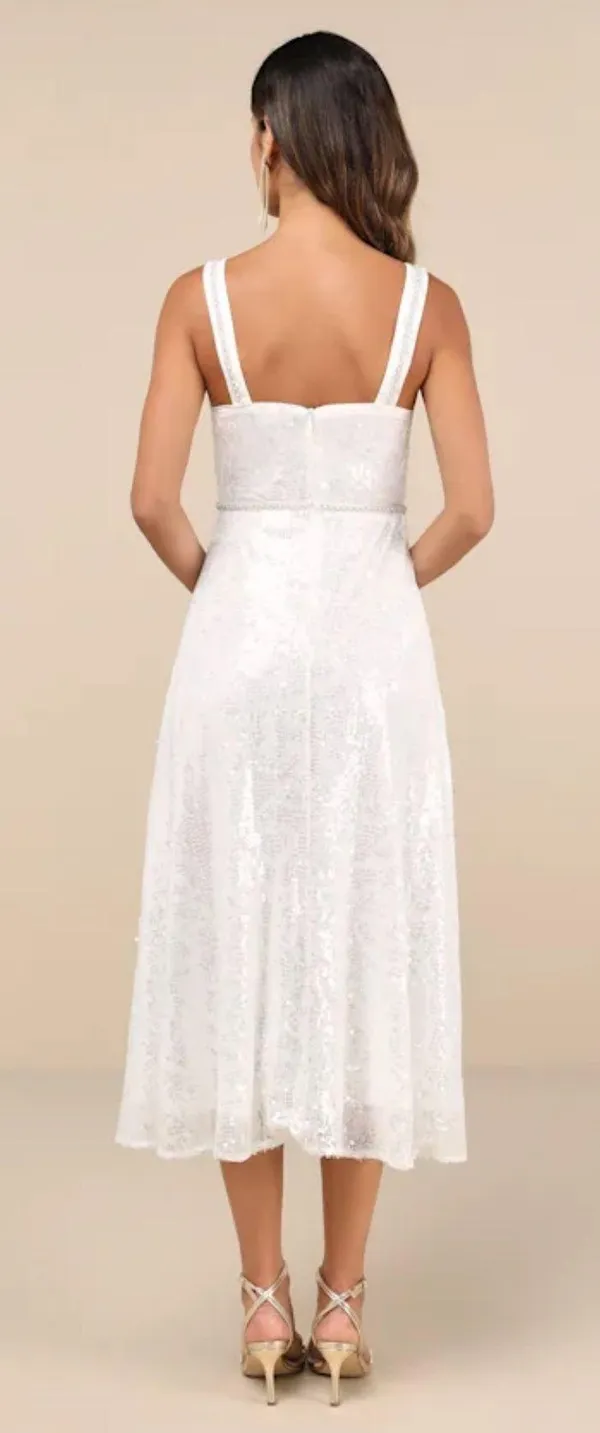 Lulus White Sequin Pearl Midi Dress - Image 3