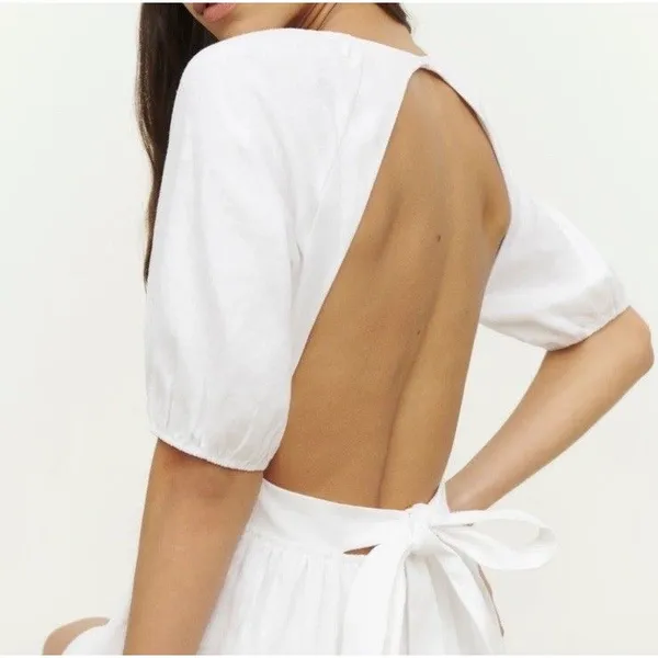 Reformation Irwin Dress Womens 2 White Linen Lined Open Back Mini Party - Image 11