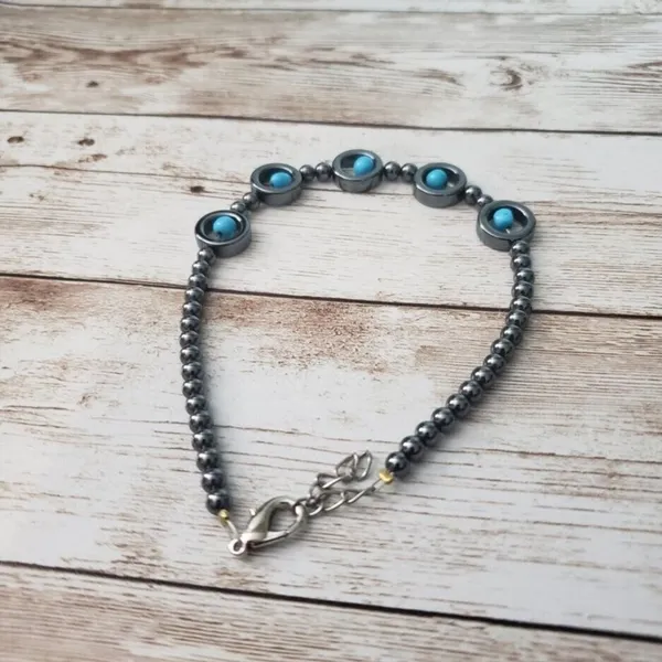 Dark Grey Metallic Beads - Turquoise Tone Beads Bracelet Clasp Closure - Image 3