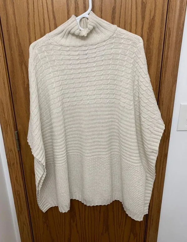 Turtleneck Knit Long Poncho Sweater Tan - Image 2