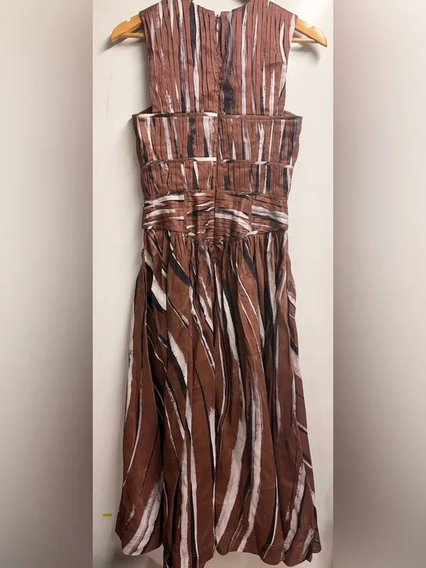 NEW Aje Gabrielle Stripe Pleated Linen Blend Midi Dress brown black small (8) - Image 9