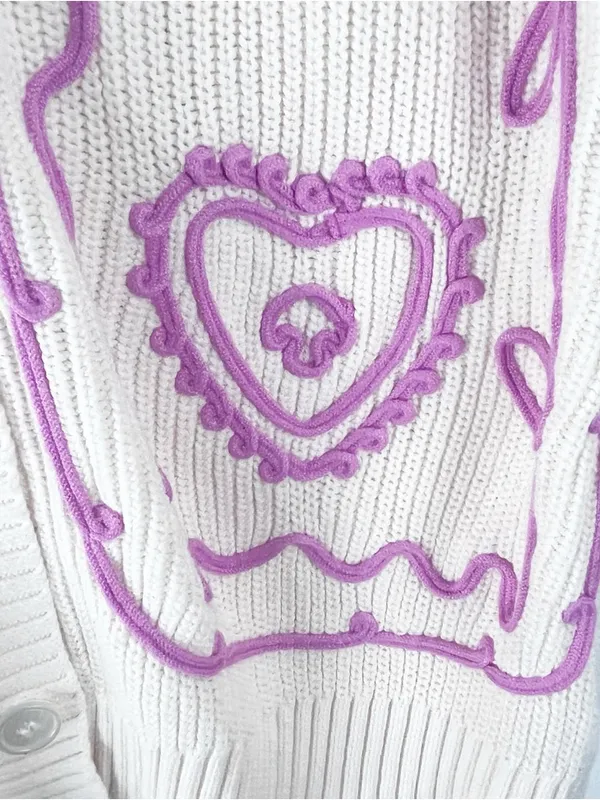SHOP THE CHIC GIRL Cream Pink Embroidery Button V-Neck Cardigan Medium Preppy - Image 9