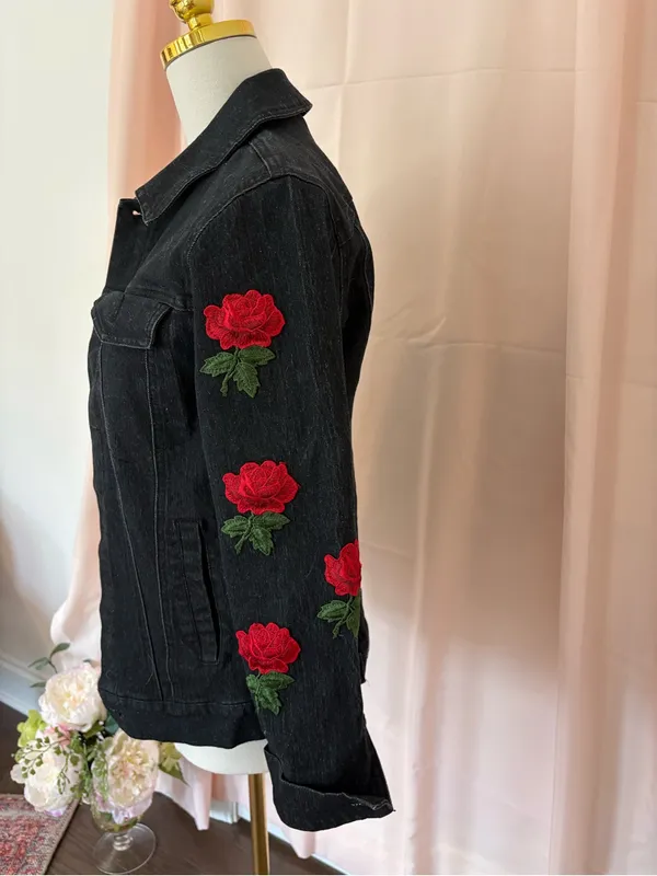 HAODUOYI Black Jean Jacket with Red Rose Embroidery - Image 3