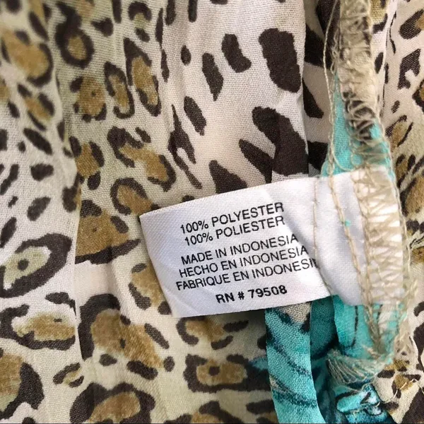 Rare Y2K Belissimo Leopard patchwork fitted shirt top blouse turquoise floral button ruffles boho hippie indie office siren core long sleeve-M - Image 6