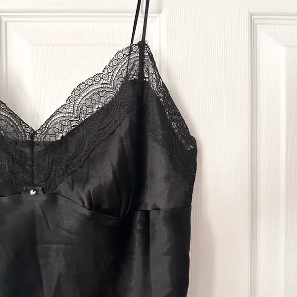 Victoria's Secret Black Satin Lace Trim Clear Jewel Accent Slip Tank Lingerie L - Image 3