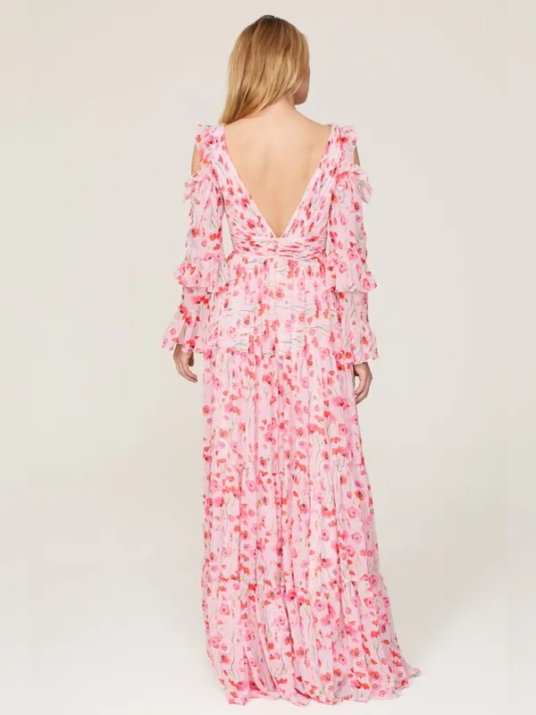 Mac Duggal Floral Ruffle Poppy Gown Women’s Pink Maxi Dress Flutter Formal 6 - Image 2