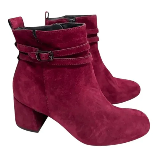Paul Green Burgundy Suede Ankle Boots Block Heel Buckle Strap Zipper Size 7 US‎ - Image 2