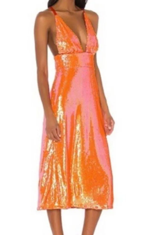 Song of Style cross back orange sequin midi dress NWT - Image 2