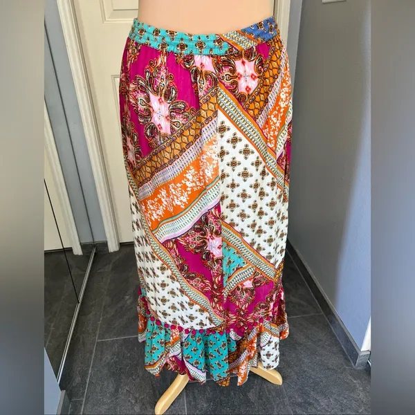 RD + KoKo Anthropologie Pink Floral Patchwork Ruffle Maxi Skirt Size Medium Boho - Image 4