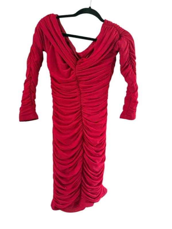Elegant Red Ruched Cowl-Neck Midi Dress - Image 3