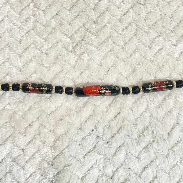 Vintage Black Floral‎ Ceramic Bead Cord Necklace Witchy Goth Romantic - Image 9