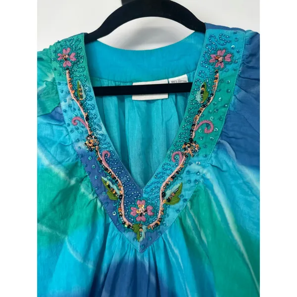 Vermont Country Store Midi Dress Women 1X Blue Tie Dye Embroidered Beaded Boho - Image 3