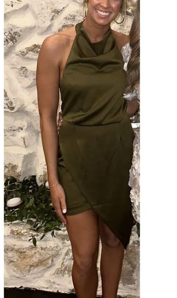 ELLIATT Camo Asymmetric Satin Cocktail Dress in Khaki Size Large - Image 14