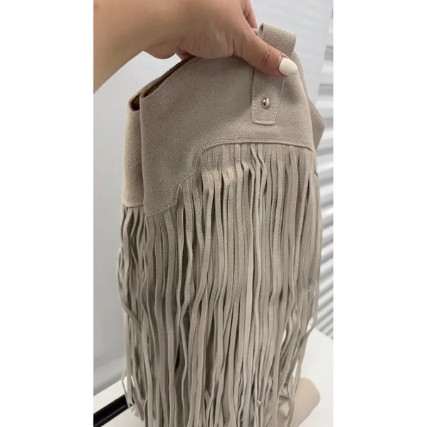Fringe Western Tall Boots Square Toe Block Heel Beige Faux Suede Boho Stone 7,5 - Image 4