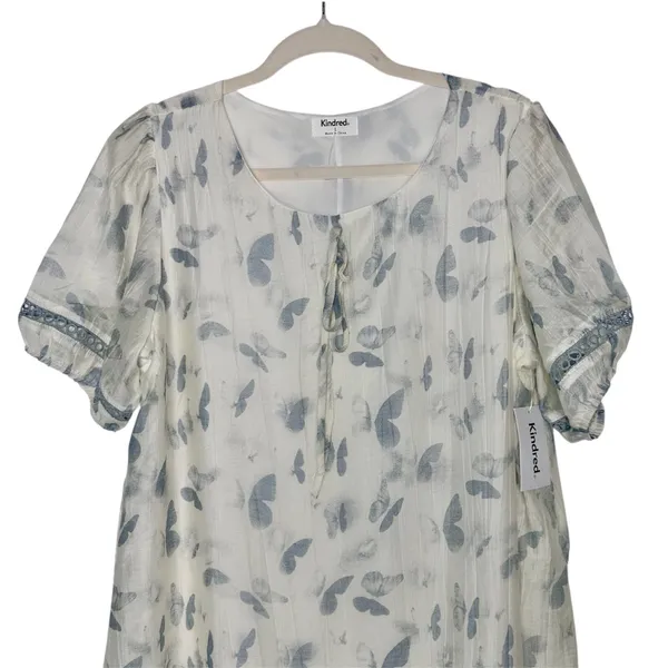 Kindred Size-L Dress White Blue Butterfly Knee Length Ruffle‎ - Image 3