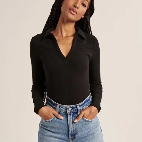 Abercrombie & Fitch Ribbed Polo Long Sleeve Bodysuit Size S Black Preppy Capsule - Image 12