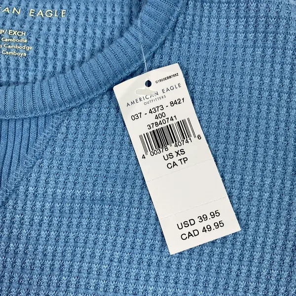 American Eagle‎ Shirt Womens XS Blue Waffle Knit Thermal Crewneck Long Sleeve - Image 3