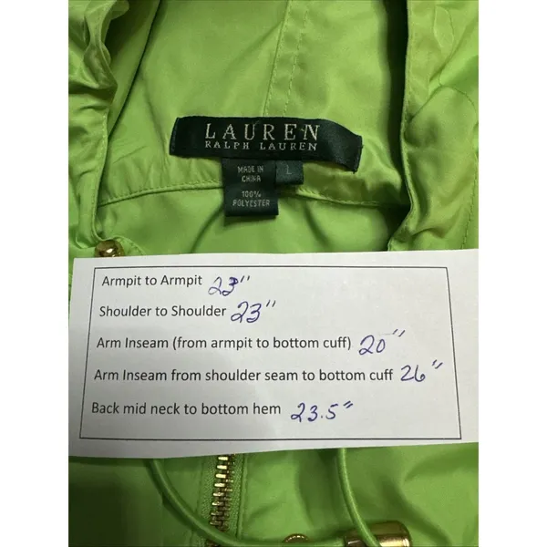 Ralph Lauren Green Jacket Windbreaker Womens L Hooded Lightweight Gold Buttons - Image 6