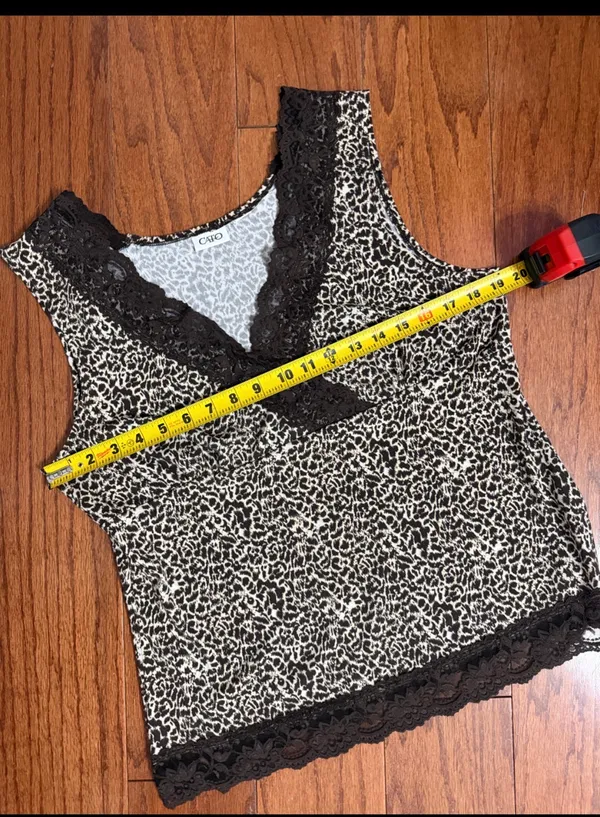 Cato Brown animal pattern lace tank top- large. **Refer to measurements for actual size as tag removed. Gently warn and very good condition. Large is estimated at 19” from armpit to armpit x 23”. Non-smoking home. priced to sell at as is condition. Don’t like my price, make reasonable offer! And thank you for checking my closet. - Image 7