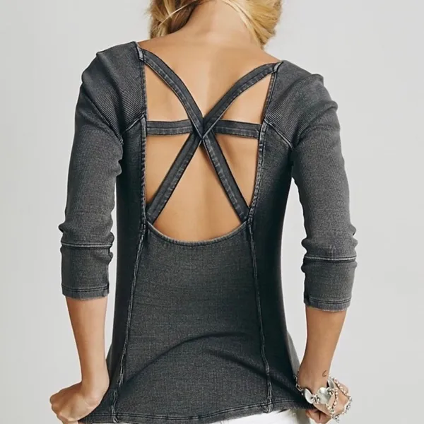 Free People FP Star Crossed Ribbed Knit Tee in distressed dark gray WOMENS XS - Image 5