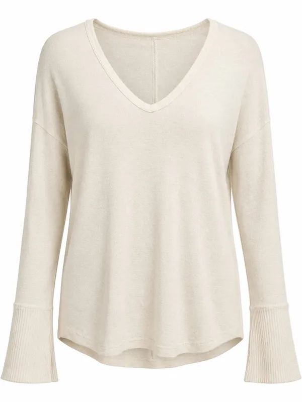 Abercrombie Cream V-Neck Flared Cuff Relaxed Long Sleeve Top S - Image 2