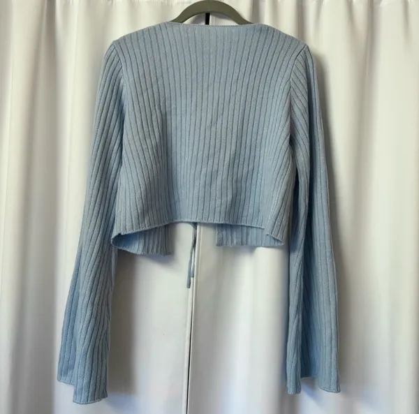 SheIn Sky Blue Self Tie Cottagecore Y2K Cardigan With Flared Sleeves Size Medium - Image 6