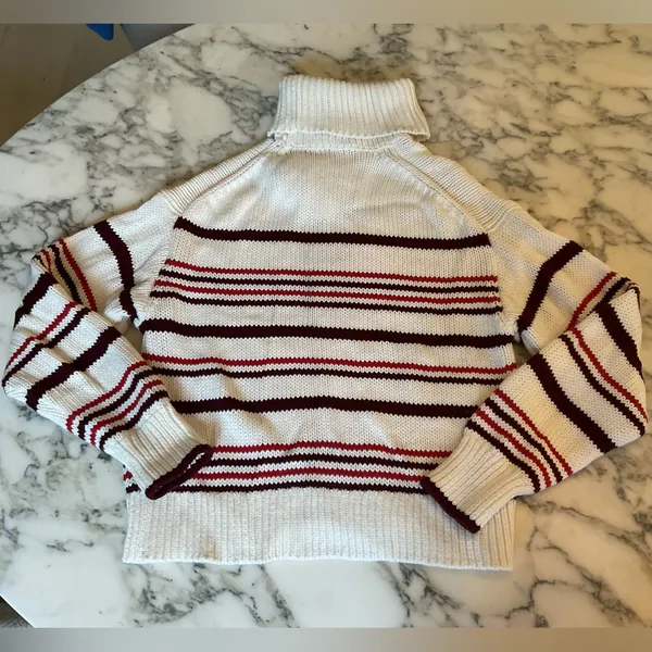 NWT Madewell Ribbed Cotton Turtleneck Sweater Stripe M front collar separated - Image 7