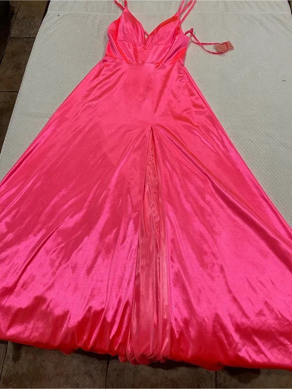 CINDERELLA DIVINE Satin V-Neck Spaghetti Strap Maxi Dress in Hot Pink - Image 2