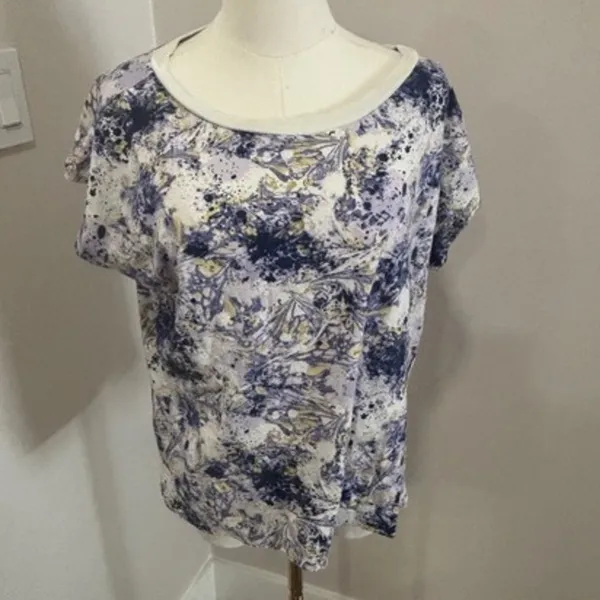 Anthropologie Purple Abstract Floral Splatter Print Cotton Boxy Top‎ Tee Medium - Image 2
