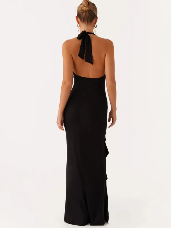 Peppermayo Black Halter Top High Slit Ruched Maxi Dress Size 4 New with Tags - Image 3